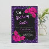 Jeglicher Lila Glitzer Geburtstag Rosen pink Roses Einladung (Stehend Vorderseite)