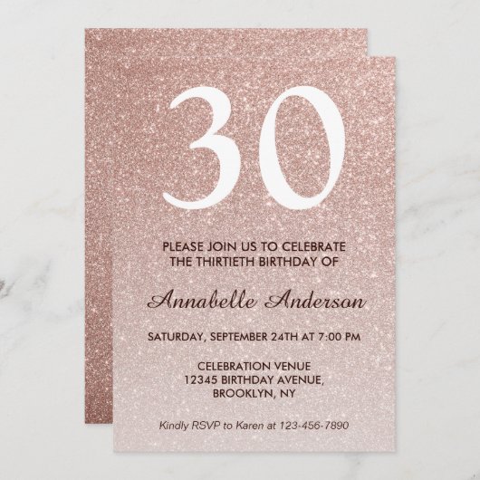 Jeglicher Rosa Rose Gold Glitzer Sparkle Geburtsta Einladung (Vorne/Hinten)