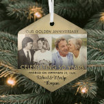Jeglicher Text 2 Foto Golden 50. Wedding Anniversa Ornament Aus Glas<br><div class="desc">Feiern Sie ein fröhliches goldenes 50-jähriges Hochzeitstag mit einem maßgeschneiderten 2-Foto "Verheiratet 50 Jahre", schwarz und goldhexagon-förmigen Weihnachtsschmuck aus Glas. Bilder und alle Formulierungen auf dieser Vorlage sind einfach zu personalisieren. Das Design verfügt über einen Hintergrund aus vergoldeten Imitaten, eine stilvolle Vintage Kunst Deko Stil Typografie, die Namen und das...</div>
