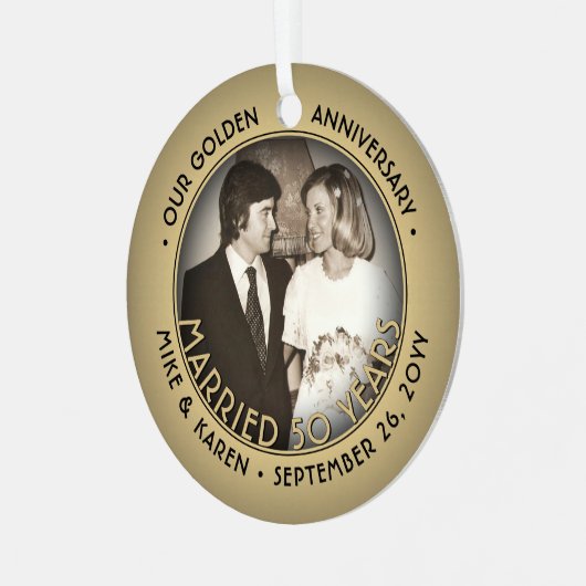 Jeglicher Text 2 Foto Golden 50. Wedding Anniversa Ornament Aus Metall (Vorderseite links)