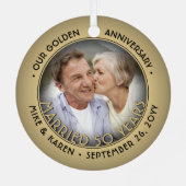 Jeglicher Text 2 Foto Golden 50. Wedding Anniversa Ornament Aus Metall (Rückseite)