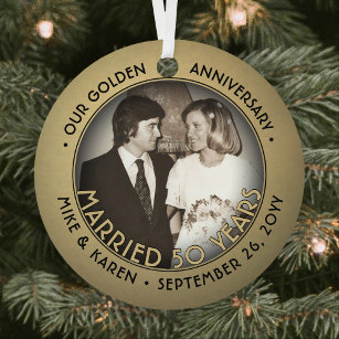 Jeglicher Text 2 Foto Golden 50. Wedding Anniversa Ornament Aus Metall