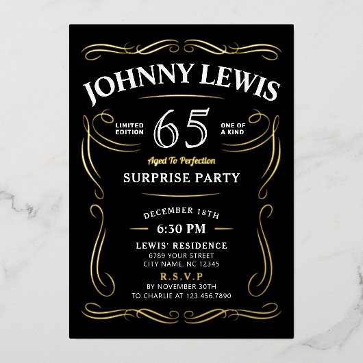 Jeglicher Vintager Whiskey-Überraschungstag Folieneinladung (Vorderseite)