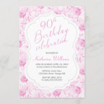 Jegliches Age Floral Pink Rose 90th Script Geburts Einladung<br><div class="desc">Mit dieser floralen Einladung laden Sie Ihre 90. Geburtstagsfeier oder jedes Alter im Stil ein. Das Design-Template verfügt über Rose in Rosatönen an der Grenze. Für ein modernes rosa Drehbuch steht ein weißer Hintergrund mit "90th Birthday Celebration", der für jedes Alter personalisiert sein kann. Im Folgenden finden Sie weitere Party-Details...</div>