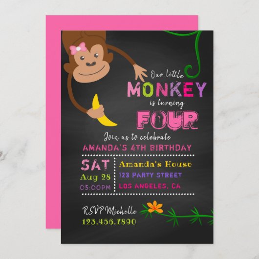 Jegliches Alter Chalkboard Kleine Affenmädchen Geb Einladung (Vorne/Hinten)