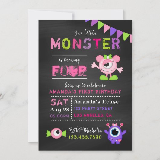 Jegliches Alter Chalkboard Kleines Monster Mädchen Einladung (Vorderseite)