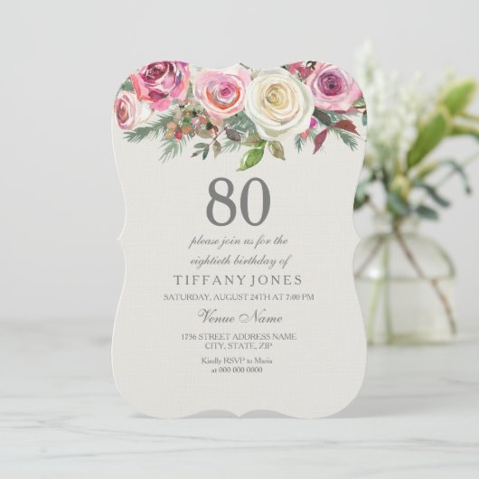 Jegliches Alter Elegant White Rose Floral 80. Gebu Einladung (Stehend Vorderseite)