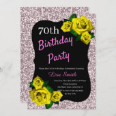 Jegliches Alter Geburtstag Rosa Glitzer Gelbe Rose Einladung (Vorne/Hinten)