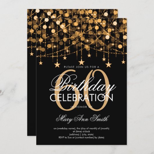 Jegliches Alter Gold String Lights & Stars Einladung (Vorne/Hinten)