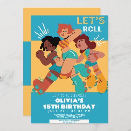 Jegliches Alter Retrowalze Skate Mädchen Geburtsta Einladung (Vorne/Hinten)