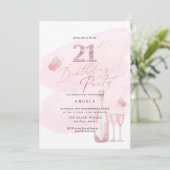 Jegliches Alter, rosa Watercolor Champagner 21. Einladung (Stehend Vorderseite)