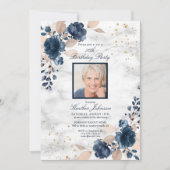 Jegliches blaue goldblütige Marmormor-Foto Geburts Einladung (Vorderseite)