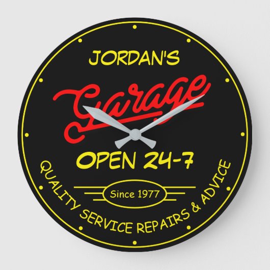 Jegliches Gartendatum Gelb rotes Retro Schwarz Große Wanduhr (Vorderseite)