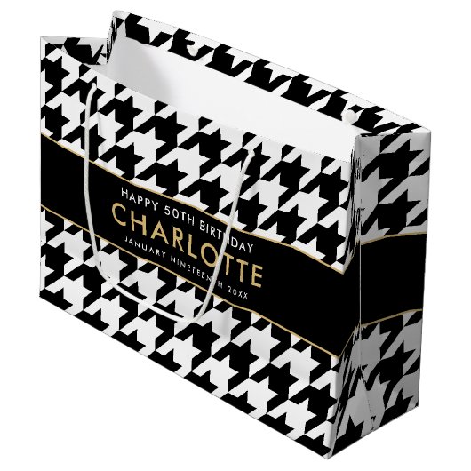 Jegliches Schwarz-weißes großes Hahnentrittmuster Große Geschenktüte (Vorderseite Schrägansicht)