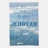 Jehova Jireh Shalom Rapha Blu Sky White Clouds Geschirrtuch (Vertikal)