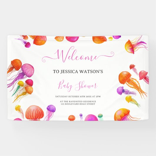 Jelly Fish Pink Yellow Gradient Pastel Baby Dusche Banner (Horizontal)