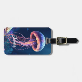 Jellyfish Art, White Script Name, Contact Info Gepäckanhänger