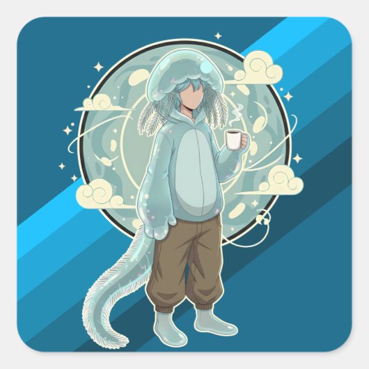 Jellyfish Boy Anime Coffee Art Quadratischer Aufkleber (Vorderseite)