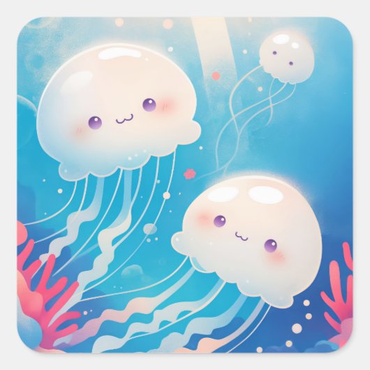 Jellyfish Buddies Adventure Quadratischer Aufkleber (Vorderseite)