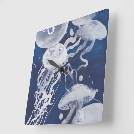 Jellyfish on Navy Background Quadratische Wanduhr (Winkel)