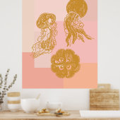 Jellyfish Vintage Ocean Illustration Pink and Gold Poster (Küche)