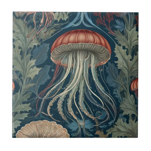 Jellyfish William Morris Stil Sea Ocean Life Fliese (Vorderseite)