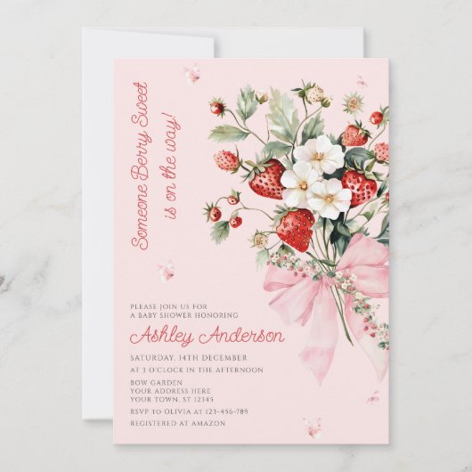 Jemand Berry Sweet Modern Pink Bow Baby Dusche Einladung (Vorderseite)