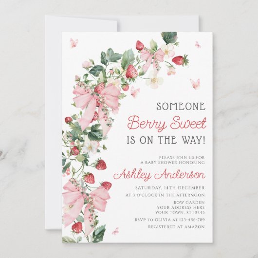 Jemand Berry Sweet Pink Bow Girl Baby Dusche Einladung (Vorderseite)