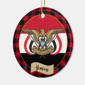 Jemen, roter Büffel kariert und jemenitische Flagg Keramik Ornament (Links)