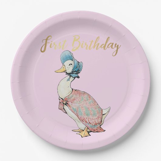 Jemima Puddle Duck "First Birthday" Text Pappteller (Vorderseite)