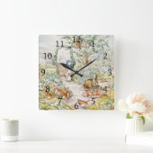 Jemima Puddle Duck im Garten von Herrn Mc Gregor Quadratische Wanduhr (Zuhause)