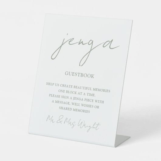 Jenga Guestbook Sage Green Minimalistisches Script Sockelschild (Vorderseite)