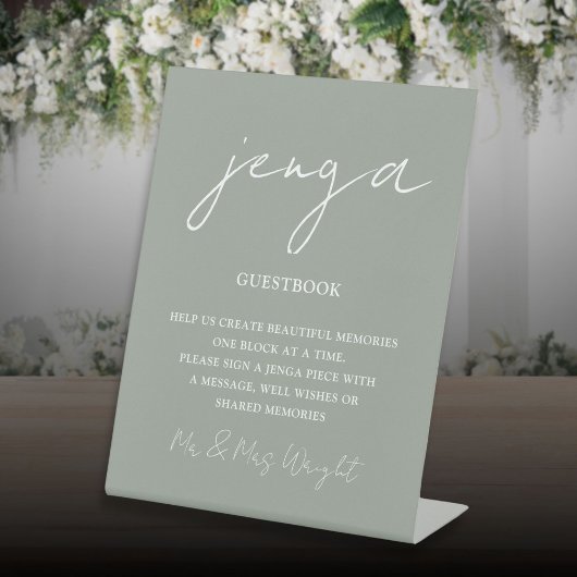Jenga Guestbook Sage Green Minimalistisches Script Sockelschild
