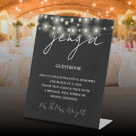 Jenga Guestbook Schwarz-Weiß-String-Lights Sockelschild
