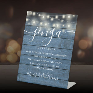 Jenga Hochzeitsgästebuch Lichterkette Blau Holz Sockelschild