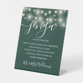 Jenga Hochzeitsgästebuch Lichterkette Smaragdgrün Sockelschild
