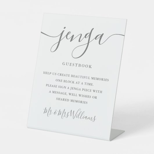 Jenga Wedding Guestbook Elegante Gray Script Sockelschild (Vorderseite)