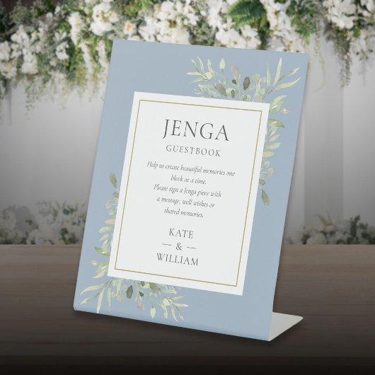 Jenga Wedding Guestbook Greenery Dusty Blue Sockelschild