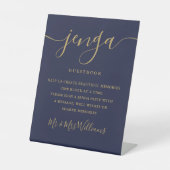 Jenga Wedding Guestbook Skript Navy Blue und Gold Sockelschild (Vorderseite)