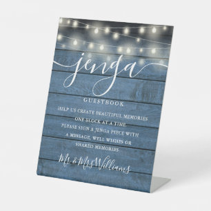 Jenga Wedding Guestbook String Lights Blue Wood Sockelschild