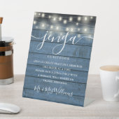 Jenga Wedding Guestbook String Lights Blue Wood Sockelschild (In SItu)