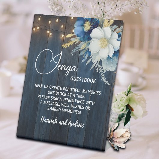Jenga Wedding Guestbook String Lights Floral Sockelschild