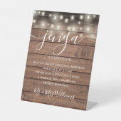 Jenga Wedding Guestbook String Lights Rustic Wood Sockelschild (Vorderseite)