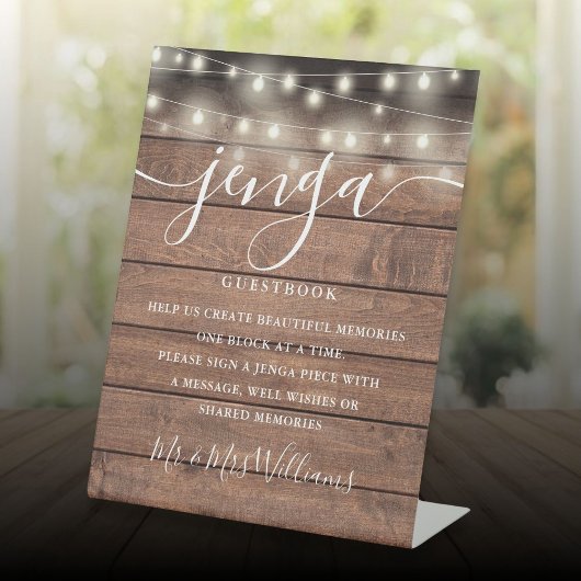 Jenga Wedding Guestbook String Lights Rustic Wood Sockelschild