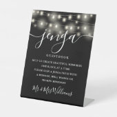 Jenga Wedding Guestbook String Lights Schwarz-weiß Sockelschild (Vorderseite)