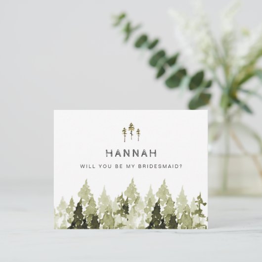 JENNA Rustic Pine Tree Bridesmaid Vorschlag Card Einladung (Stehend Vorderseite)