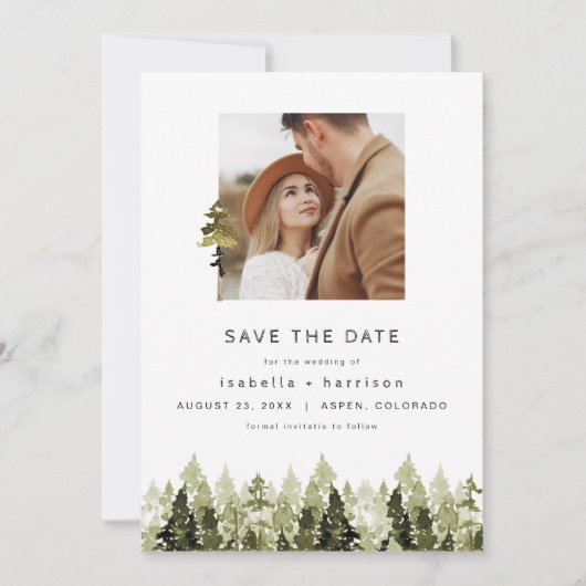 JENNA Rustic Pine Tree Foto Save the Date Einladung (Vorderseite)