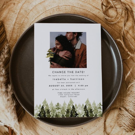 JENNA Rustic Pine Tree Wedding Reschedul Einladung