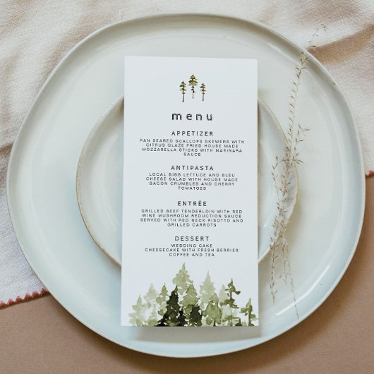 JENNA Rustic Watercolor Pine Tree Wedding Menu Dankeskarte