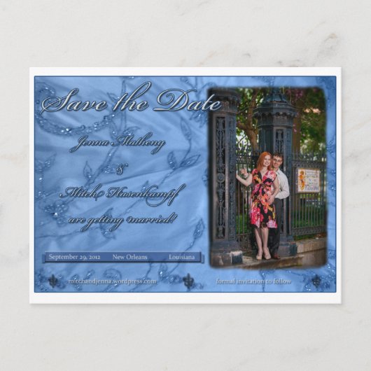 Jenna und Mitch Save the Date Ankündigungspostkarte (Vorderseite)